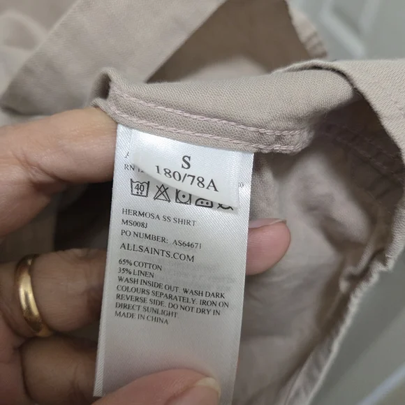AllSaints Hermosa Cotton Linen Blend Short Sleeve Polo Shirt Beige Neutral - Picture 7 of 8